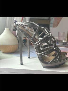 BCBG Pewter Strappy Stiletto Heels
